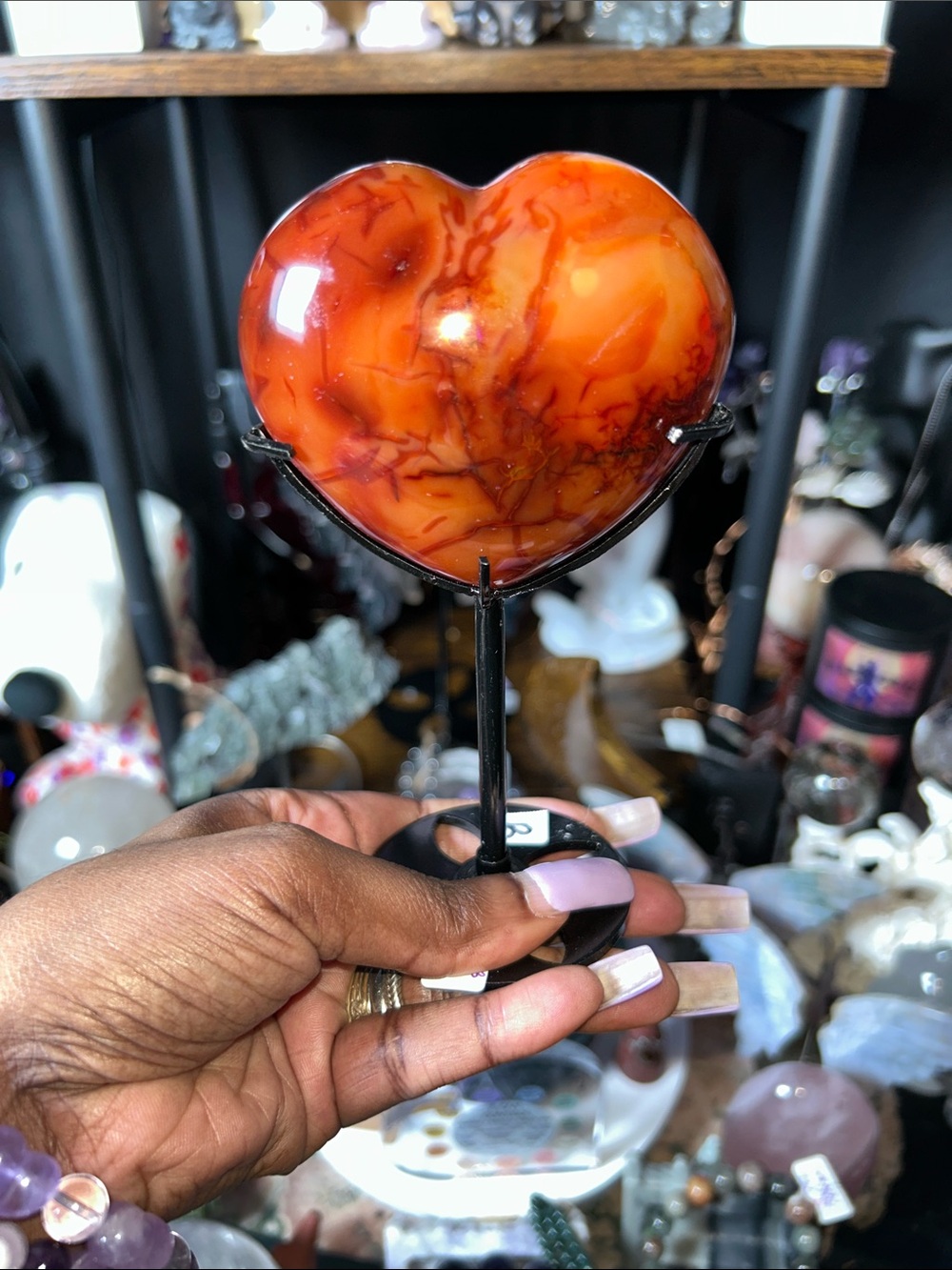 Polished Carnelian Agate Heart Gemstone Sculpture on Metal Stand - PRICE FIRM